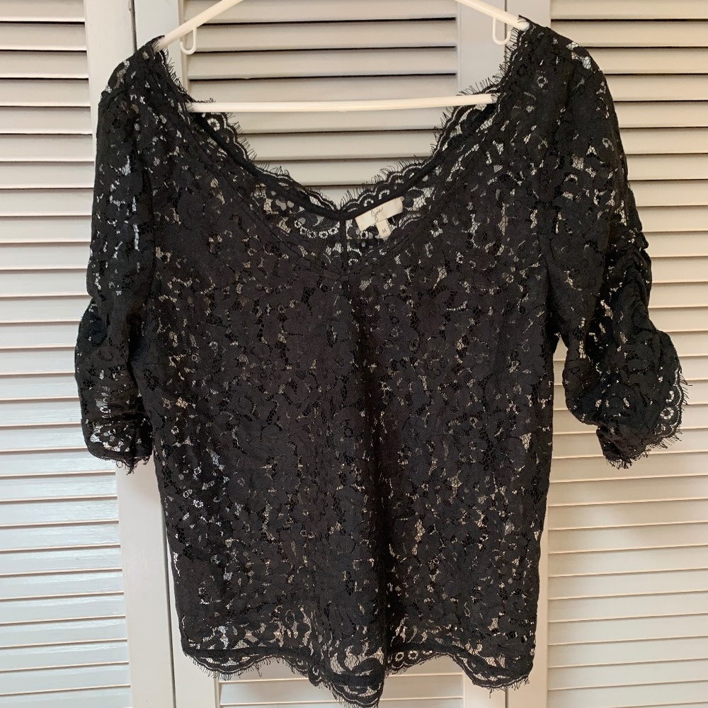 Joie Sheer Black Floral Lace Ballet V Neck Short Sleeve Blouse Medium